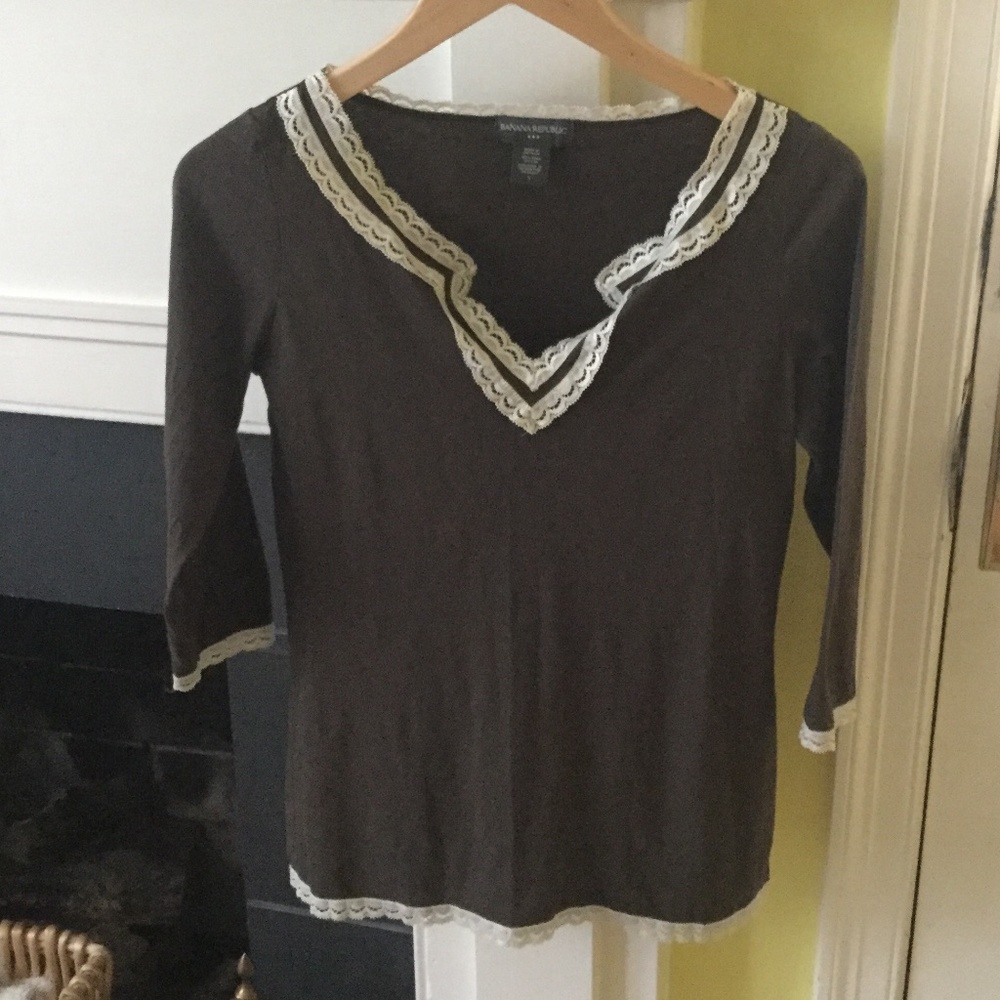 Vintage Banana Republic Lace Trimmed Y2K Boho Top Brown - Sz Small